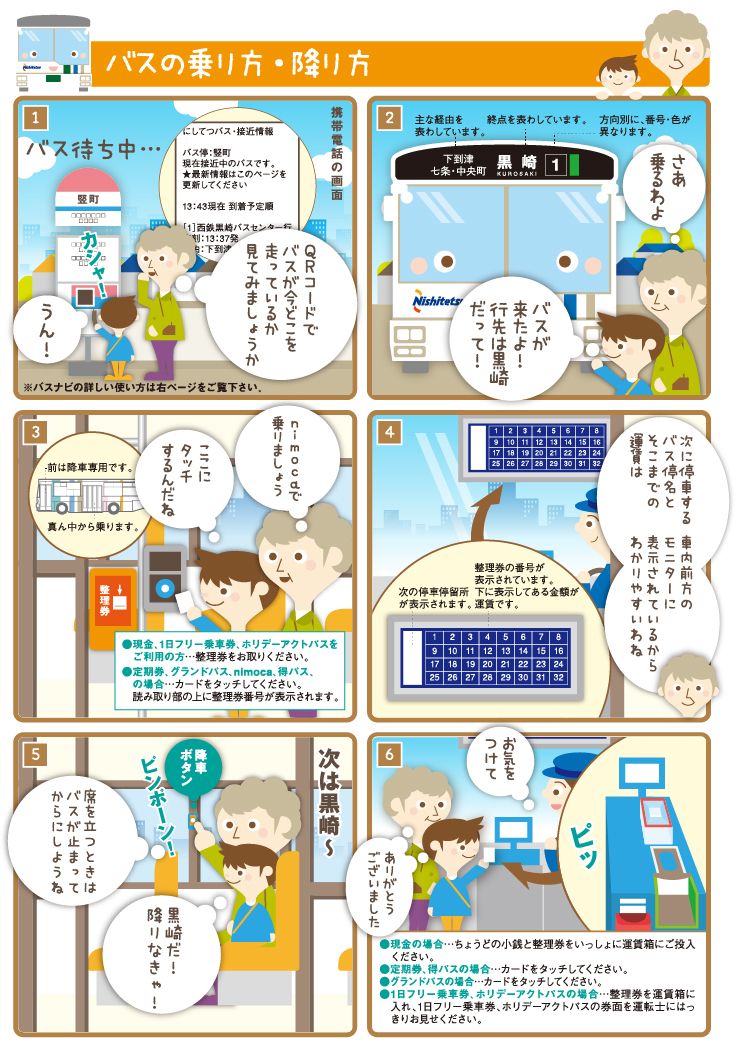 バスの乗り方・降り方。１、バスまち中　QRコードでバスが今どこまで走っているか見てみましょう。うん！２、バスが着たよ！行く先は黒崎だって！さあ乗るわよ。３、nimocaで乗りましょう。ここにタッチするんだね。（●現金、１日フリー乗車券、ホリデーアクトパスをご利用の方…整理券をお取り下さい。●定期券、グランドパス６５、nimoca、得パスの場合…カードをタッチしてください。読み取り部の上に整理券番号が表示されます。）４、次に停車するバス停とそこまでの運賃は社内前方のもrに他ーに表示されているからわかりやすいわね。５、黒崎だ！降りなきゃ！席を立つ時は、バスが止まってからにしようね。ありがとうございました。お気をつけて。（●現金の場合…ちょうどの小銭と整理券をいっしょに運賃箱にご投入下さい。●定期券、得パスの場合…カードをタッチしてください。●１日フリー乗車券、ホリデーアクトパスの場合…整理券を運賃箱に入れ、一日フリー乗車券、ホリデーアクトパスの券面を運転士にはっきりお見せ下さい。）